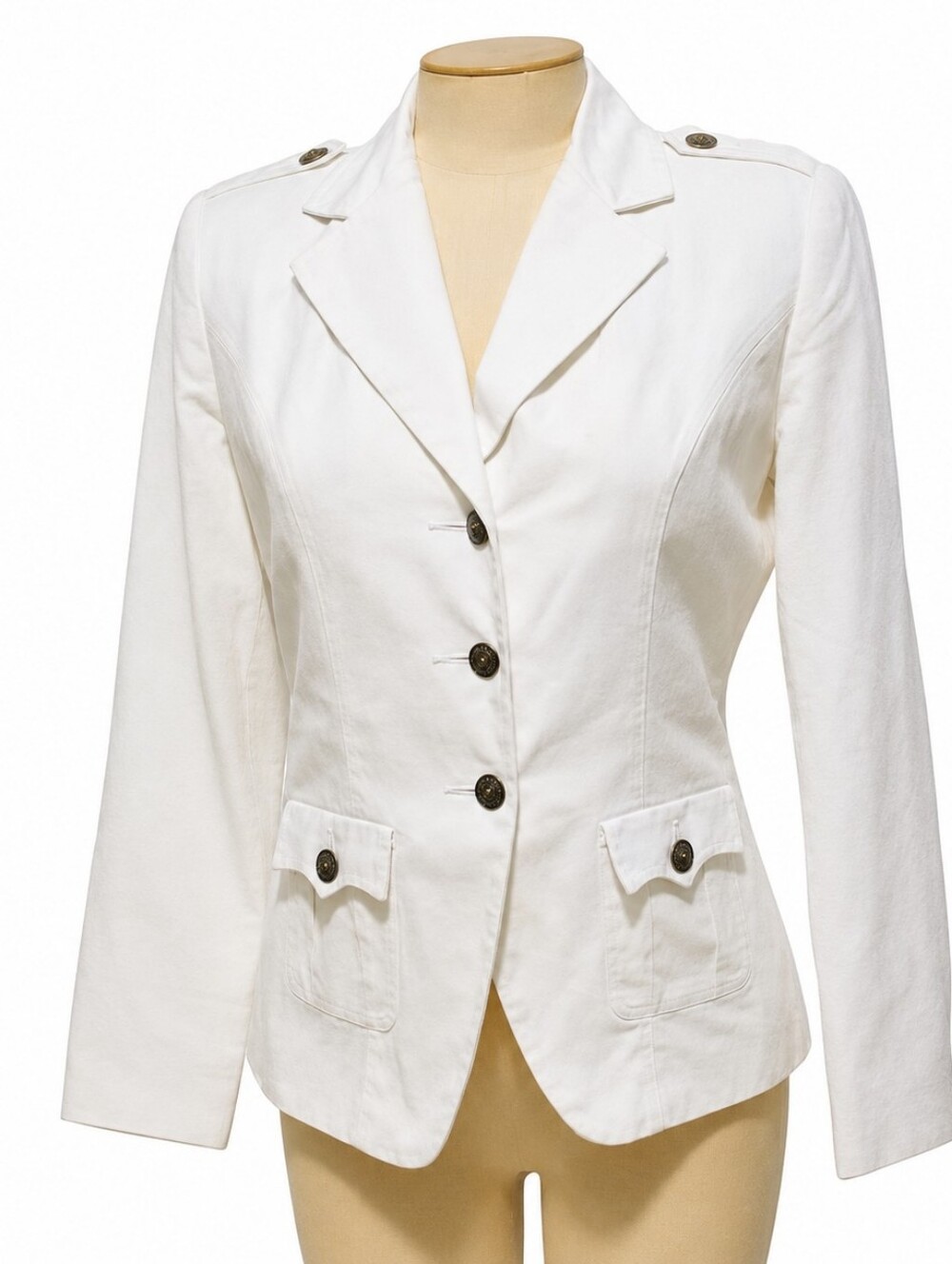 Twiggy London Y2K Military Blazer Women S White Cotton Twill Epaulet Jacket